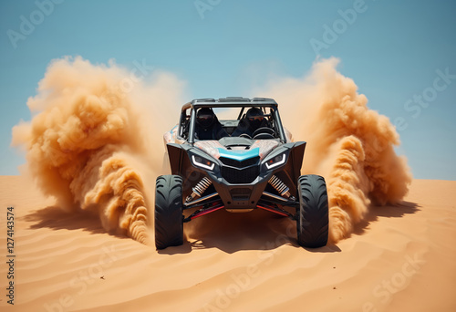 Off-roading in UTV rally buggy on sand dunes. Extreme driving adventure. Drivers in buggy car raising dust in desert safari tour. Speed, heat, sun and blue sky above. Motorsport race on vacation in.