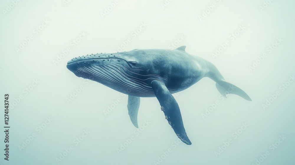 Fototapeta premium Majestic blue whale isolated against a pristine white background capturing the grandeur of ocean giants with stunning clarity and minimalistic elegance