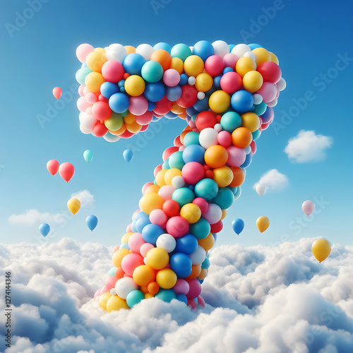 balloons Cartoon number 7 floating on colorful 