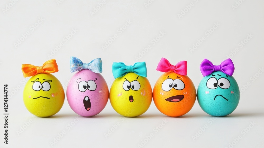 Expressive Easter Eggs with Bows. A row of brightly colored Easter eggs decorated with cartoon faces and various expressions, each topped with a satin ribbon bow Expressive Easter Eggs with Bows. A row of brightly colored Easter eggs decorated with cartoon faces and various expressions, each topped with a satin ribbon bow