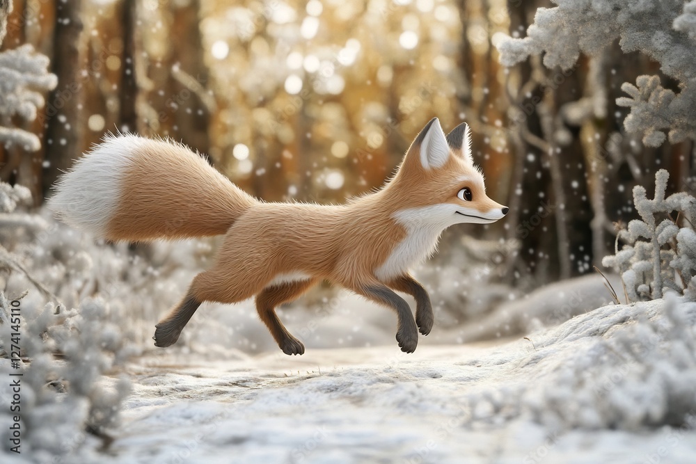 Curious Arctic Fox Bounding Through Snowy Forest in Fantasy Curious Arctic Fox Bounding Through Snowy Forest in Fantasy