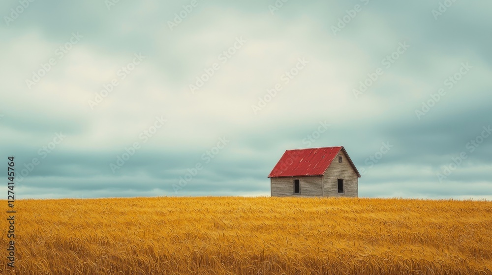 Summer day, golden wheat fields, a clear sky, and a solitary farmhouse in a rural landscape Summer day, golden wheat fields, a clear sky, and a solitary farmhouse in a rural landscape