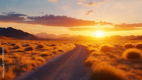 A serene sunset landscape showcasing a winding dirt road surrounded by golden grasslands and mountain silhouettes in the background. Nature's beauty captured during twilight hours.