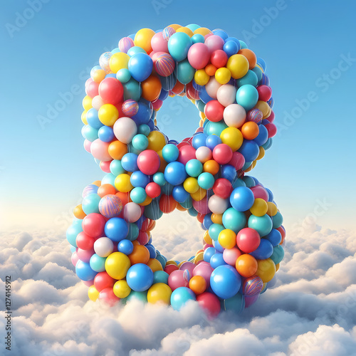 balloons Cartoon number 8 floating on colorful 