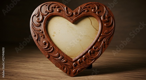 Heart Shaped Wooden Frame with Ornate Carvings on Wood Surface