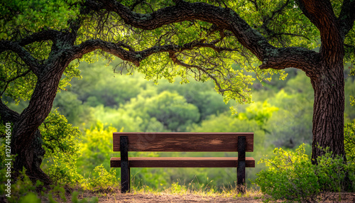 Wooden Bench Underneath Trees in Green Forest Provides Tranquil Rest
