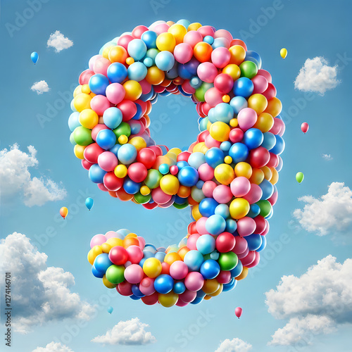 balloons Cartoon number 9 floating on colorful 