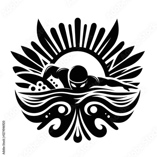 Symbolic black and white isolated vector illustration of swimming sport on white background.