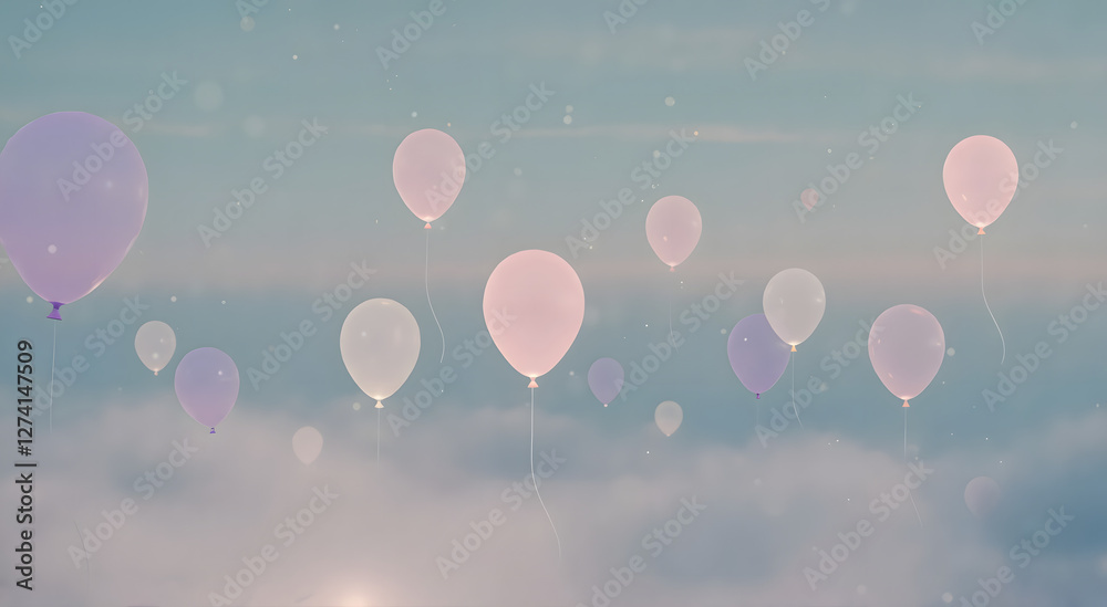 Fototapeta premium Colorful balloons floating in the sky above clouds