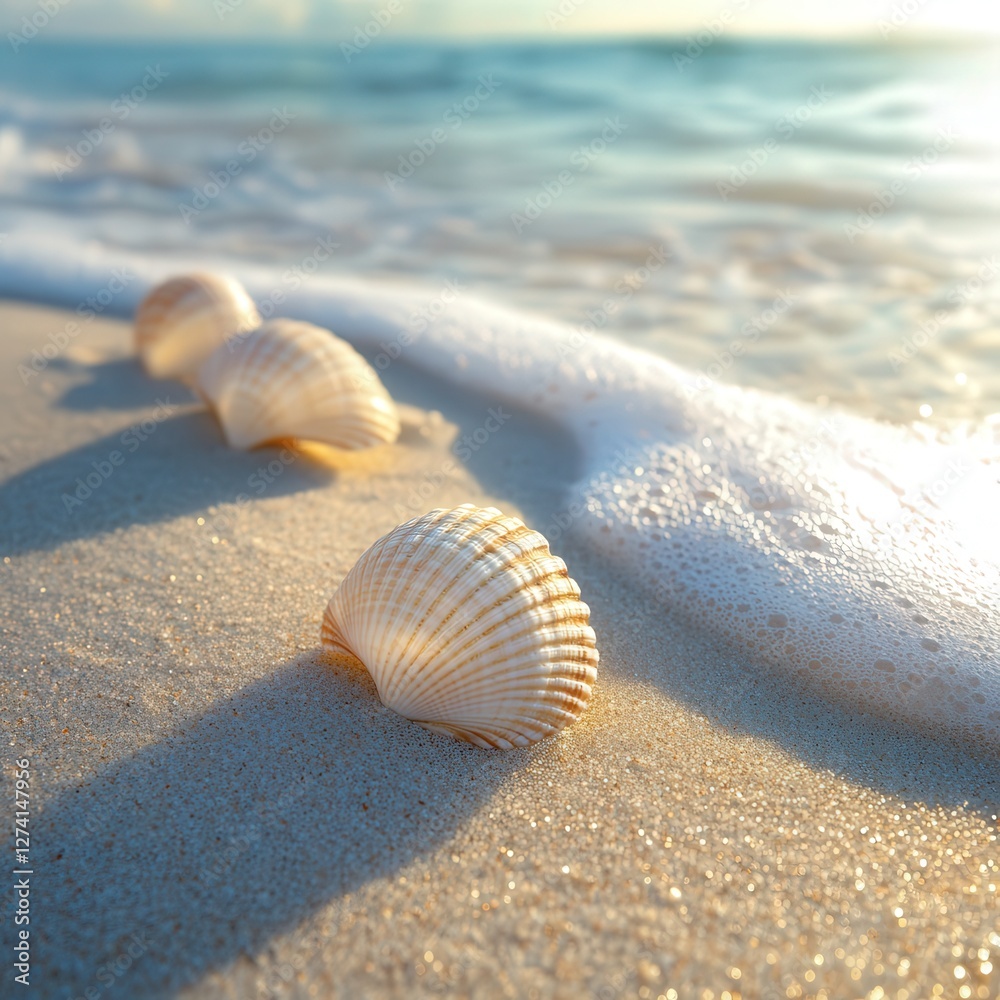 seashells resting peacefully on the sandy shore, their sunlit surfaces glowing softly against the fine grains of beach sand. seashells resting peacefully on the sandy shore, their sunlit surfaces glowing softly against the fine grains of beach sand.