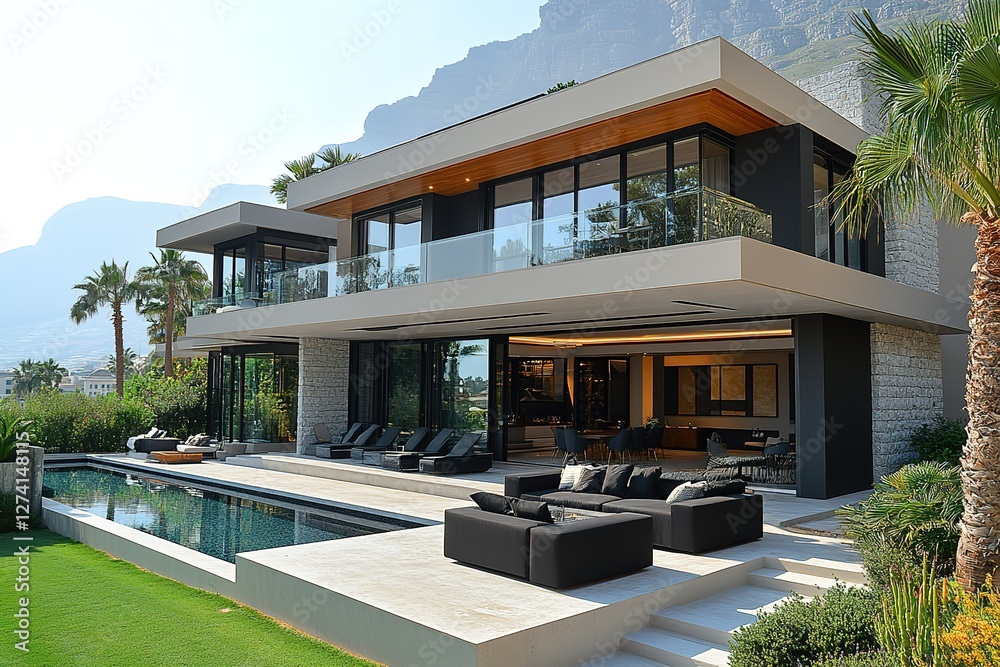 Fototapeta premium Modern luxury home with pool patio and mountain view An elegant villa with sleek lines and beautiful outdoor living spaces