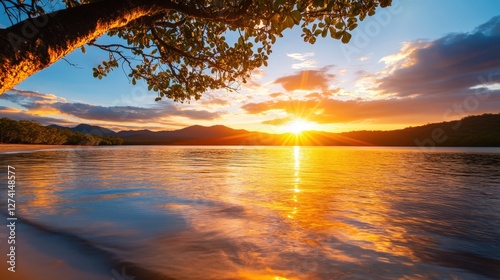 A breathtaking sunset over a tranquil lake, with mountains in the background and trees framing the scene