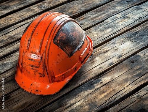 Striking AI Generated Art Featuring a Construction Helmet Resting on a Rustic Wooden Table with an Industrial and Creative Vibe