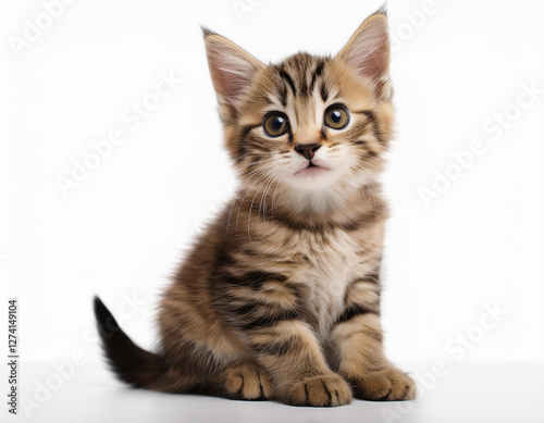 Dia mundial del gato con un adorable cachorro de gato atigrado sentado de perfil maullando y mirando de frente sobre fondo blanco