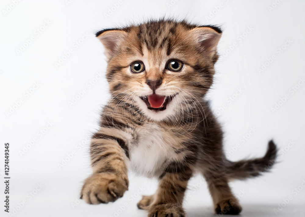Un pequeño cachorro de gato atigrado caminando y maullando aislado en fondo blanco Un pequeño cachorro de gato atigrado caminando y maullando aislado en fondo blanco
