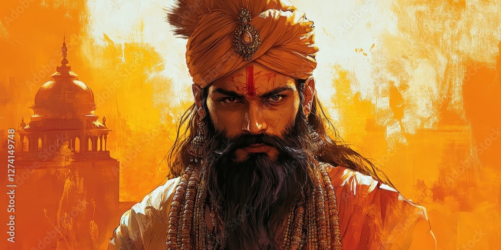 Fototapeta premium A man with a flowing beard and turban meets your gaze intently, set against a vivid backdrop of orange and yellow hues