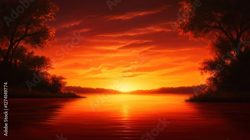 A stunning sunset over a tranquil river, with vibrant orange and red hues reflecting on the water, while silhouetted trees frame the scene, creating a serene atmosphere for relaxat