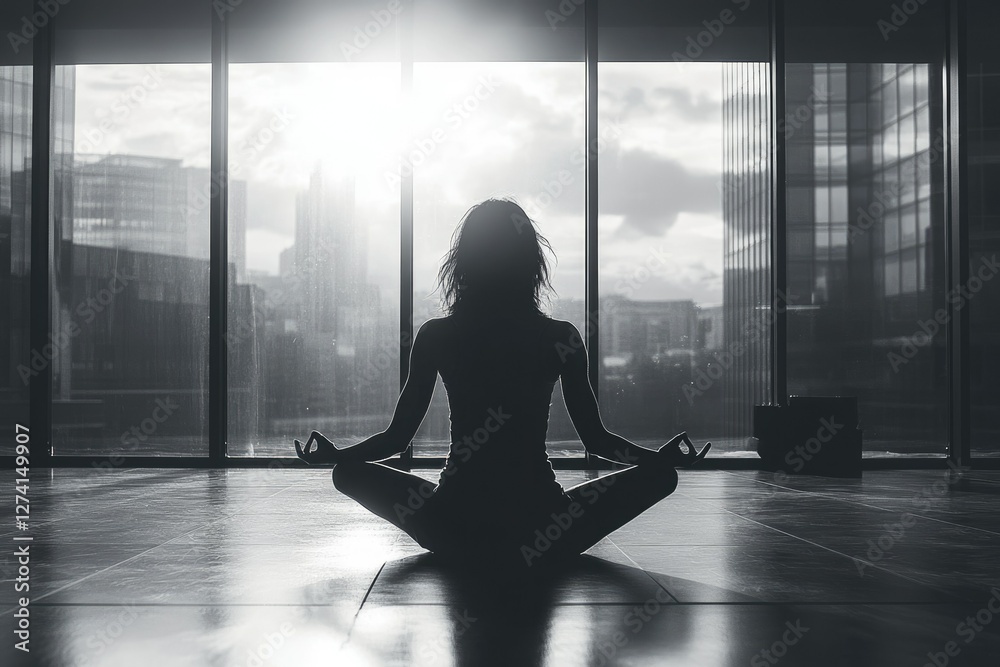 Woman silhouetted against city skyline, meditating peacefully in a yoga pose. Woman silhouetted against city skyline, meditating peacefully in a yoga pose.