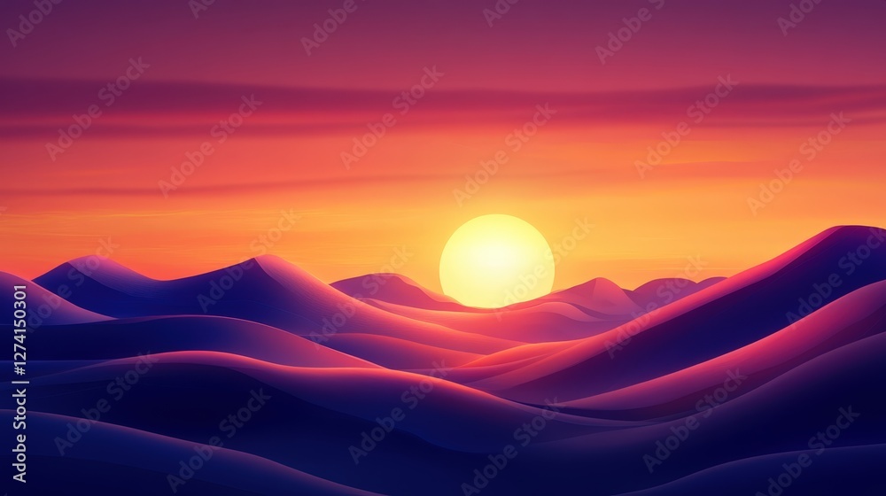 Fototapeta premium A stunning sunset over undulating hills, with vibrant hues of purple and orange filling the sky, creating a serene and tranquil atmosphere perfect for nature lovers and artists.