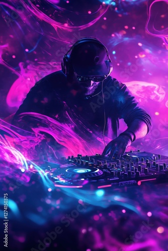 A dynamic music event cover poster featuring a DJ in action under vibrant neon lights, creating an energetic nightlife atmosphere. Perfect for concert promotions, party flyers, club events, electronic