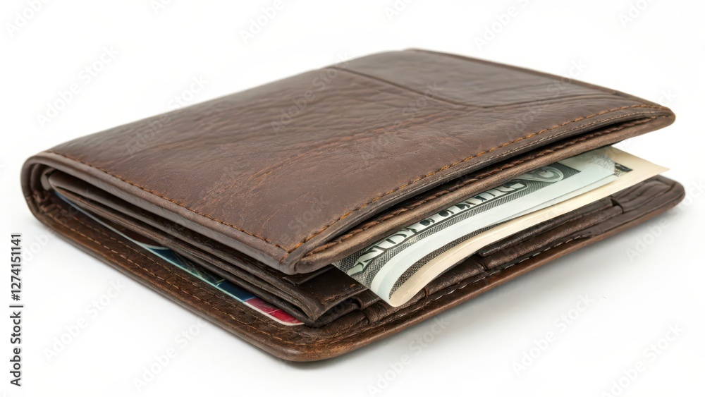 Brown Leather Wallet with Cash on White Background Brown Leather Wallet with Cash on White Background