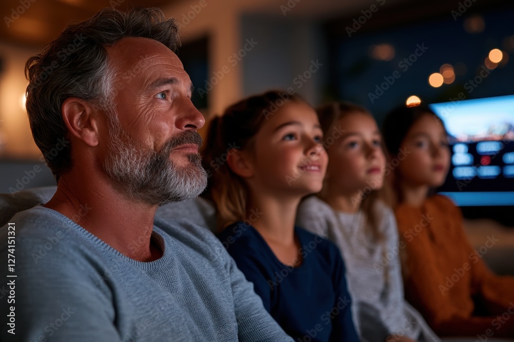 Obraz premium A serene family moment as a father and his three daughters share an evening indoors, showcasing love and connection within a cozy ambiance of family togetherness.
