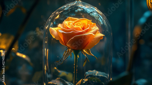 A close-up of an enchanted rose encased in glass, its petals glowing softly with timeless magic.