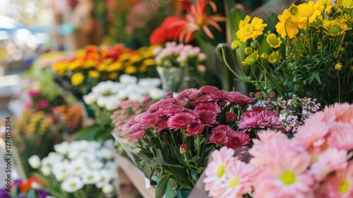 Vibrant floral display at a market with colorful blossoms for spring and summer decor