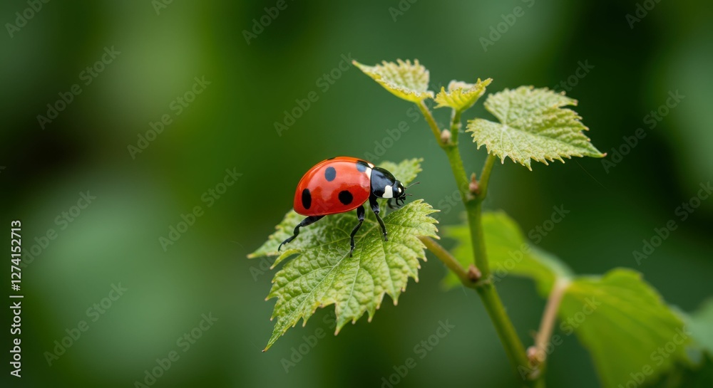 Close-up of vibrant red ladybug on fresh green leaf Close-up of vibrant red ladybug on fresh green leaf