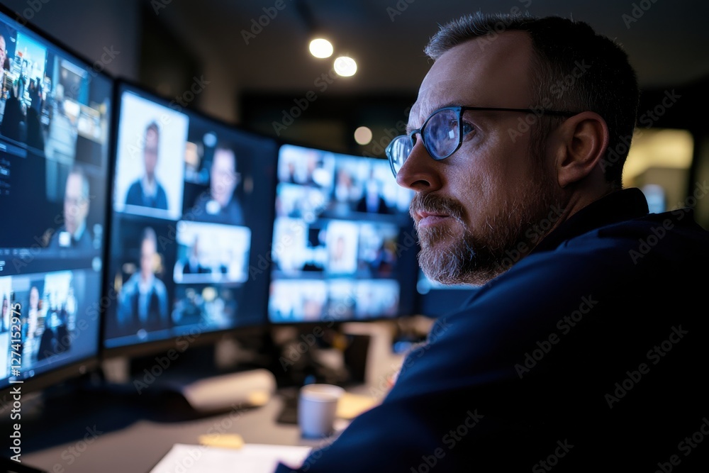 In a dynamic environment, a bearded man thoughtfully observes a set of screens displaying important video data, showcasing a critical role in decision-making processes. In a dynamic environment, a bearded man thoughtfully observes a set of screens displaying important video data, showcasing a critical role in decision-making processes.