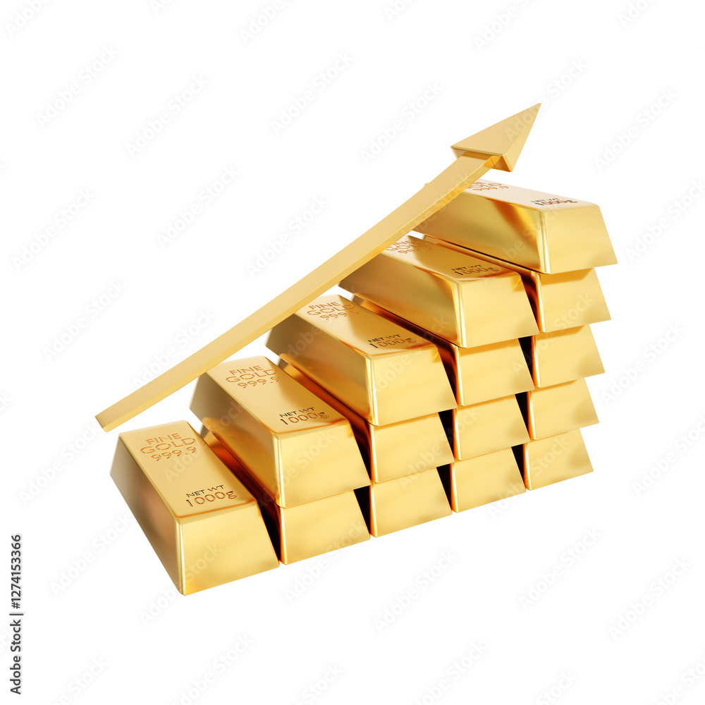 Gold bars with arrow pointing up isolated on white background. The current rising gold price concept Gold bars with arrow pointing up isolated on white background. The current rising gold price concept