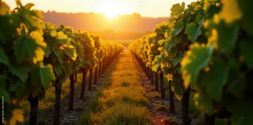 Naklejka premium Golden hour light on neatly aligned grapevines , vineyard background, vineyard, summer