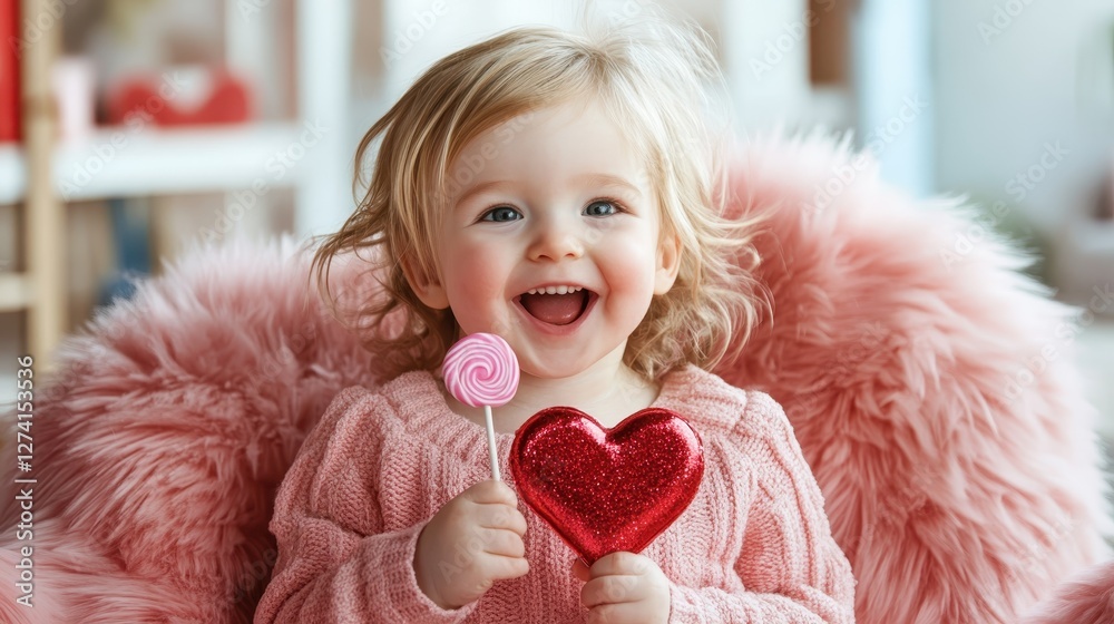 A joyful little girl energetically smiles while holding a heart-shaped decoration and a lollipop, embodying innocence, happiness, and the joy of childhood in a cozy setting.