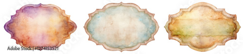 Watercolor frames, decorative shapes, soft colors, vintage style, artistic design, blank templates, creative backgrounds.