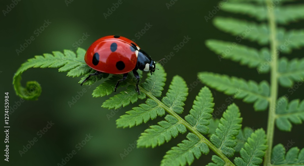 Close-up of red ladybug on fern leaf in natural habitat Close-up of red ladybug on fern leaf in natural habitat