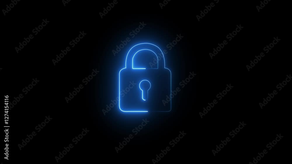 Glowing neon lock and password icon animation with black background. Glowing neon lock and password icon animation with black background.
