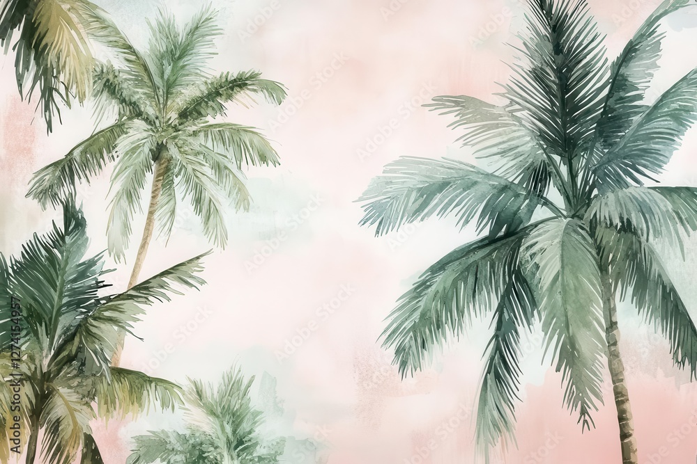 Naklejka premium Tropical Watercolor Wallpaper Pattern Featuring Lush Palm Trees and Vibrant Vegetation for Interior Design Inspiration