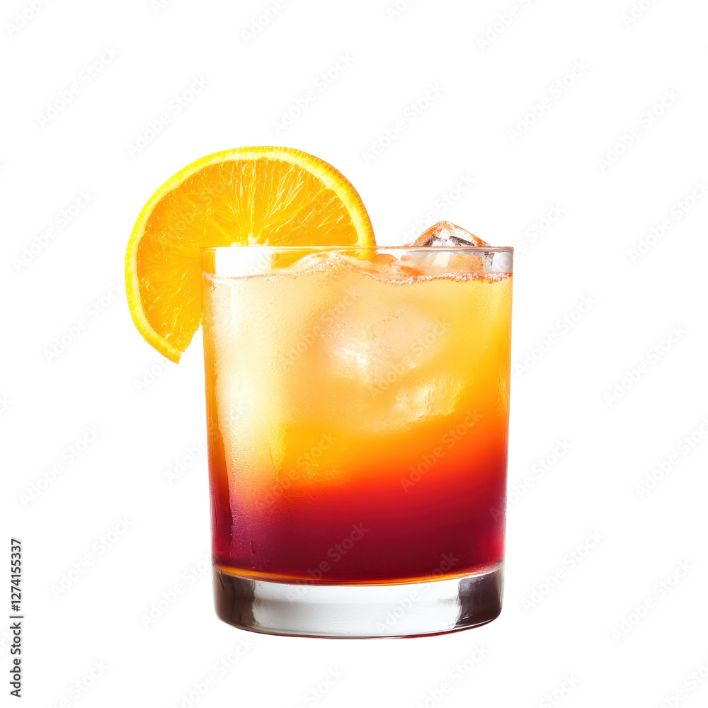 a vibrant tequila sunrise cocktail clipart, gradient orange and red drink, citrus slice garnish, isolated on white background