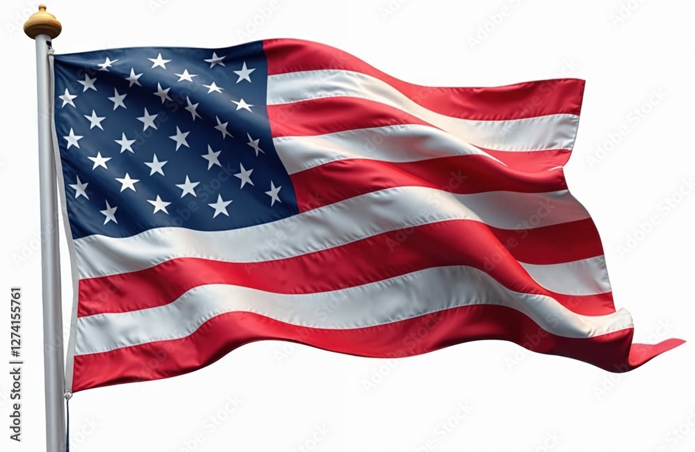 Fototapeta premium Illustration of rippling American flag isolated on white backdrop. USA patriotic symbol of freedom and independence. United States national banner wavy design element graphic resource.