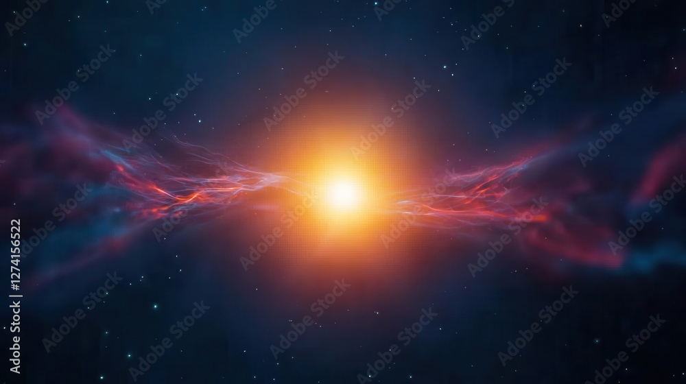 Abstract visualization of quantum entanglement, with two glowing particles mirroring each other across space Abstract visualization of quantum entanglement, with two glowing particles mirroring each other across space