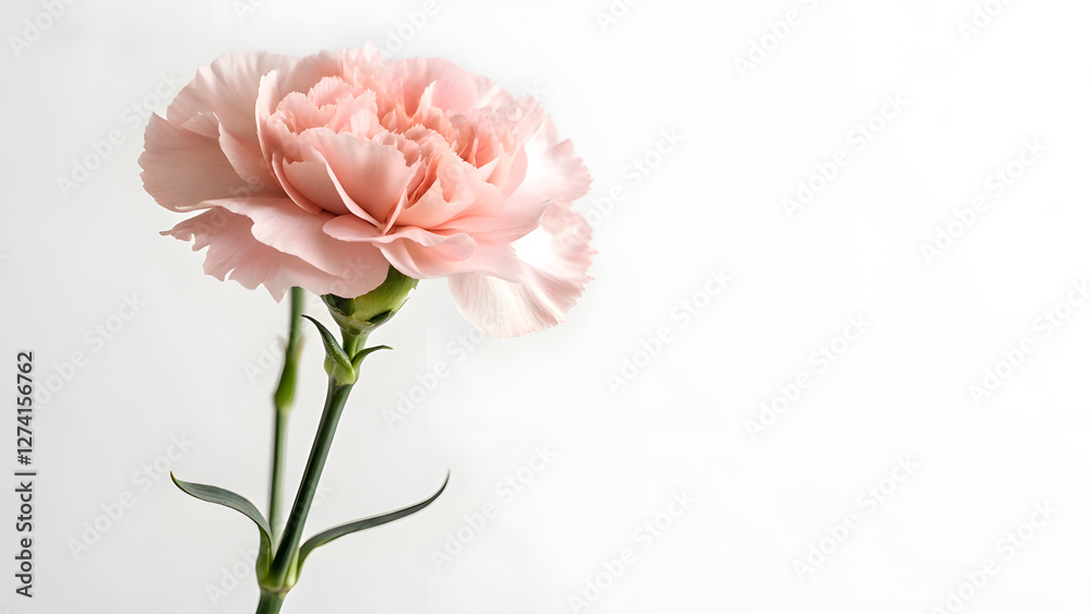 Blooming Pink Carnation on Soft White Background with Copy Space. Perfect for: Mother's Day, Weddings, Anniversaries, Romantic Occasions Blooming Pink Carnation on Soft White Background with Copy Space. Perfect for: Mother's Day, Weddings, Anniversaries, Romantic Occasions