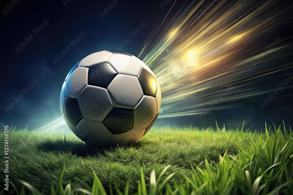 Obraz premium Night's vibrant blur: a soccer ball streaks across the illuminated grass, a captivating long-exposure shot.