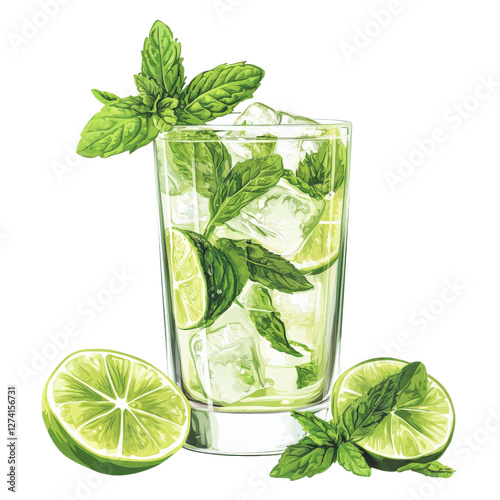 a vibrant mojito cocktail clipart, refreshing drink element, mint leaves and lime garnish, isolated on white background photo