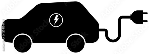 Electrical car sign on white background. Electric vehicle plug graphic. Clean energy transport sign. Plug in electric car vector. EV charging cable icon. Eco car with power plug. Vector illustration