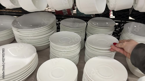 choosing dishes in the store Porcelain factory production of mugs and plates in shelf stacks. Many small plates, round shape made by ceramic clay. Earthenware process manufacturing photo