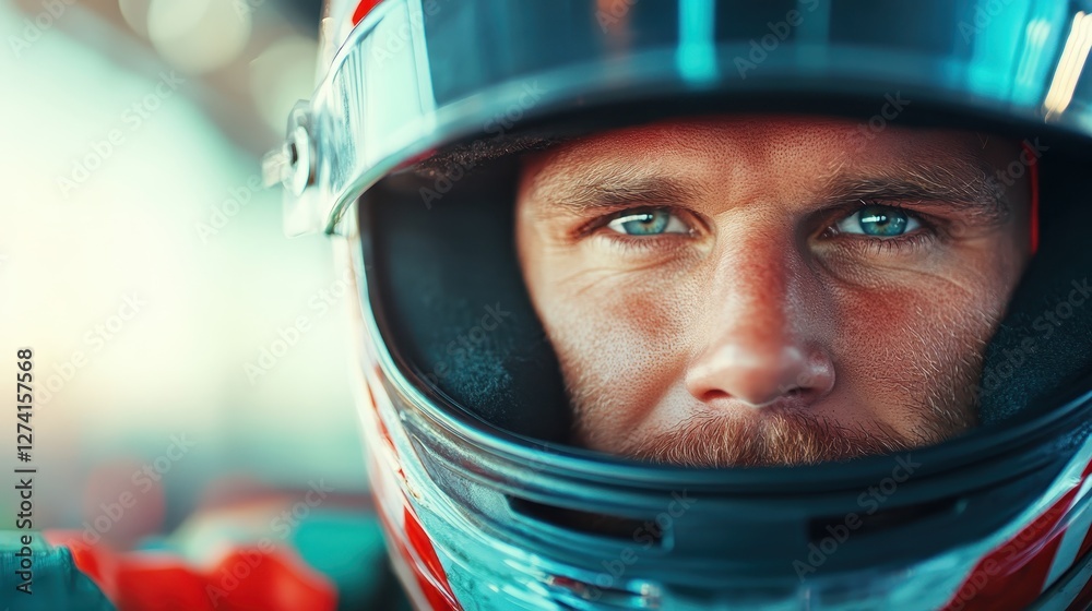 A stunning close-up portrait of a race car driver, showcasing intense focus and determination while wearing a helmet, epitomizing the adrenaline of motorsport. A stunning close-up portrait of a race car driver, showcasing intense focus and determination while wearing a helmet, epitomizing the adrenaline of motorsport.