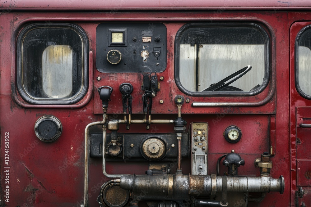 Fototapeta premium Close-up view of fire engine dashboard showcasing essential equipment and tools in vibrant red
