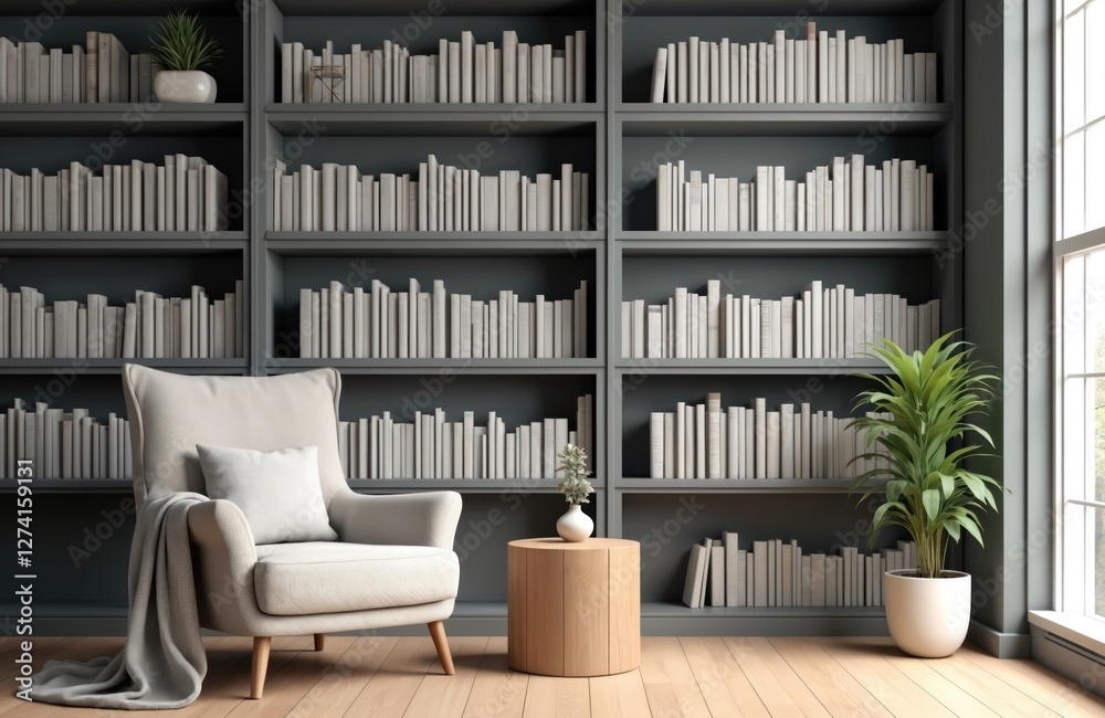 AI illustration of modern grey library with cozy armchair. Bookshelves with books arranged in room. Potted plant near window. Generative content home interior, relaxation, study, home comfort, AI illustration of modern grey library with cozy armchair. Bookshelves with books arranged in room. Potted plant near window. Generative content home interior, relaxation, study, home comfort,