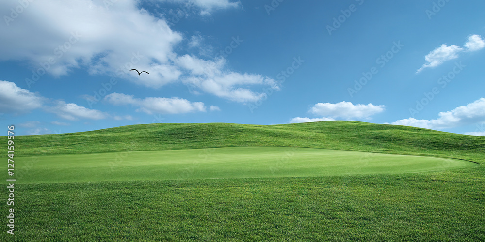 Obraz premium Green Hill Landscape with Bird in Flight and Blue Sky