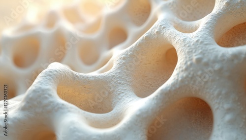 Illustration shows porous bone tissue macrostructure in white color. Cellular, sponge design with holes. Molecular material, plastic polymer science volumetric anatomy. Medical background for photo